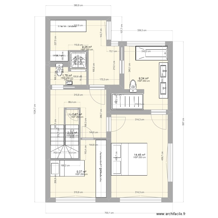 Etage sans annexe avec surfaces et cotations test. Plan de 8 pièces et 53 m2