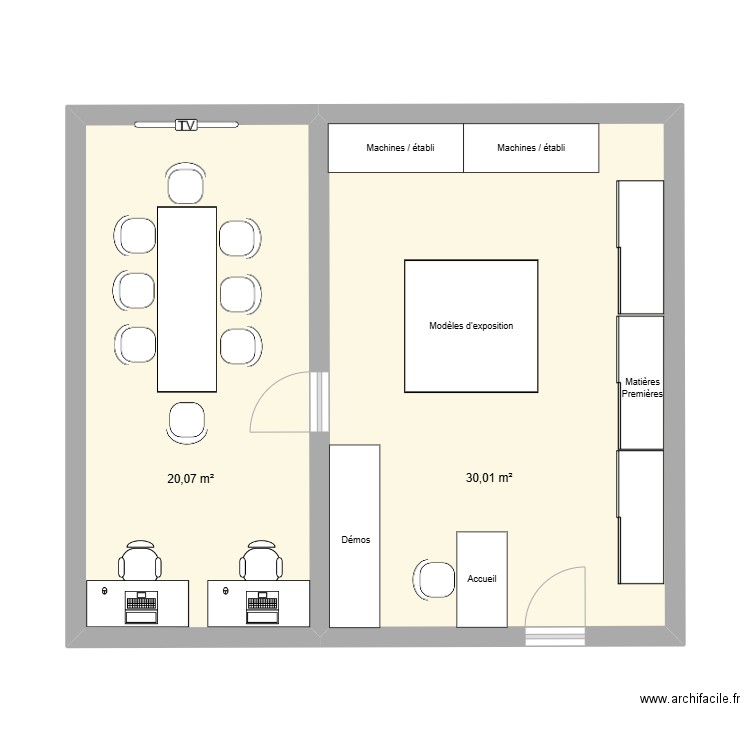 atelier boutiques. Plan de 2 pièces et 50 m2