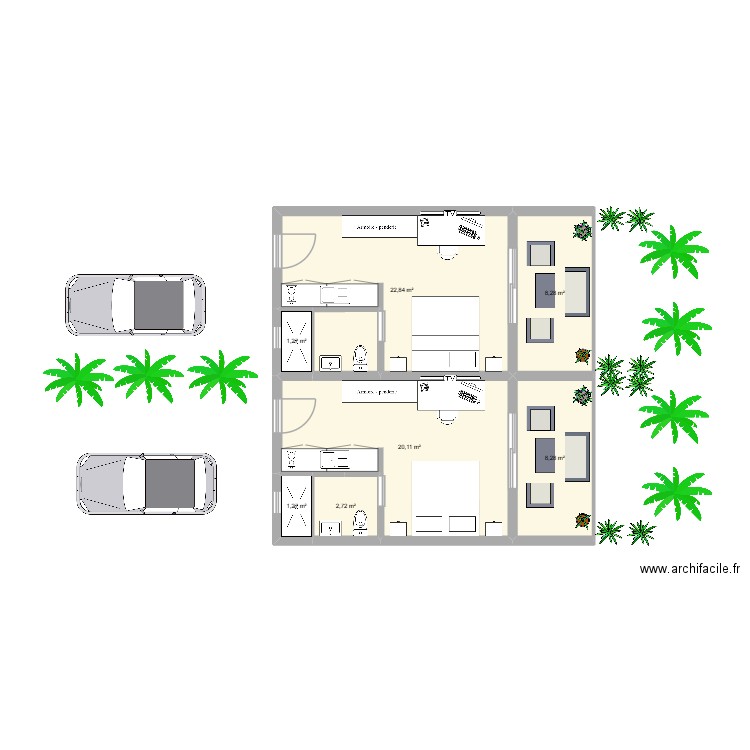 STUDIO X2. Plan de 7 pièces et 65 m2