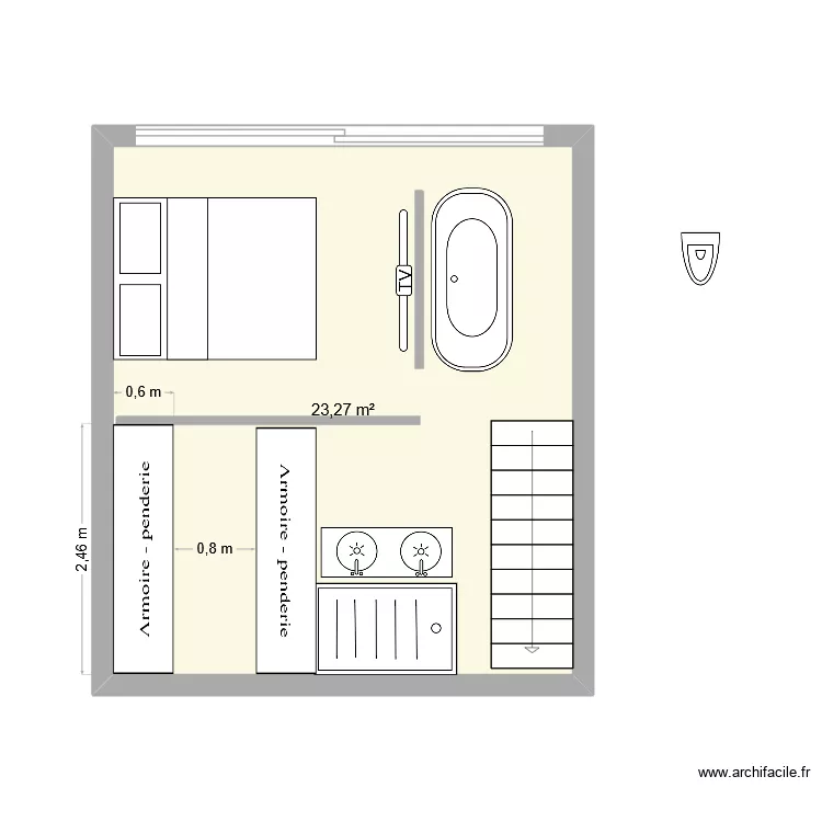 Suite parentale. Plan de 1  et 23 m²
