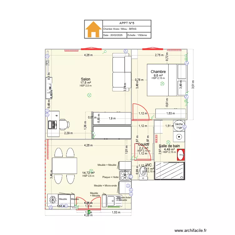 APPART N&deg;5 pi&egrave;ces am&eacute;nag&eacute;es 20 02 25. Plan de 7  et 51 m²