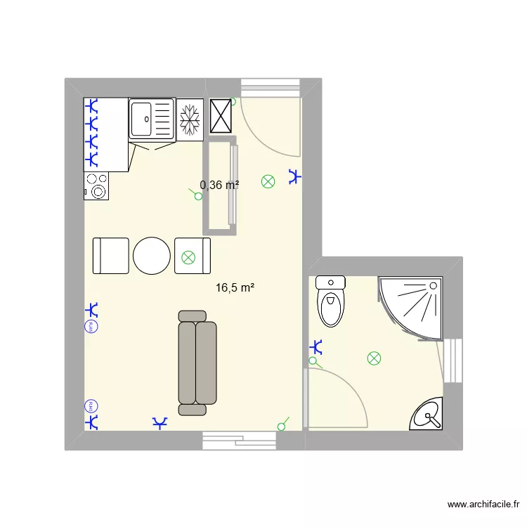 PLan en L. Plan de 2 Pièces et 17 m²