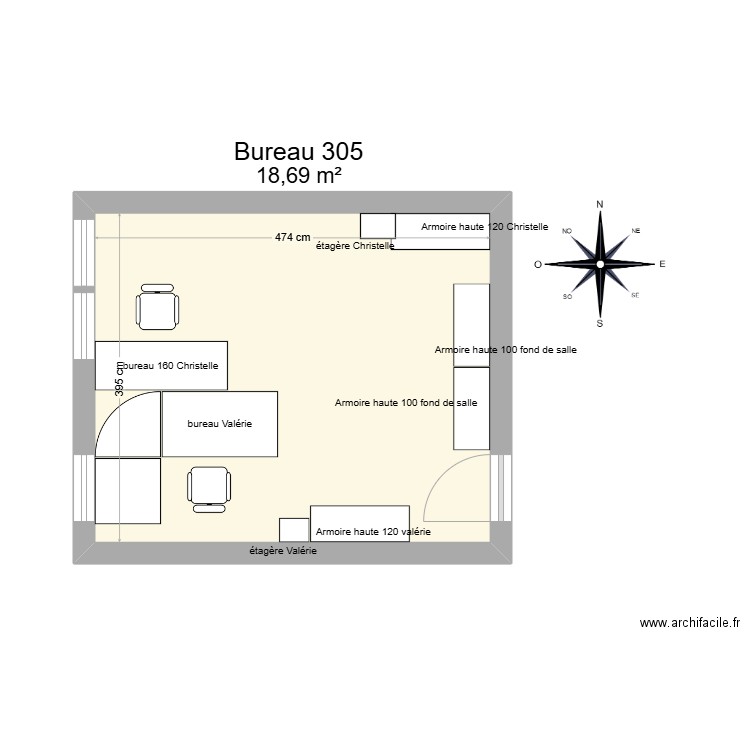 Bureau R 305 Valérie et Christelle. Plan de 1 pièce et 19 m2