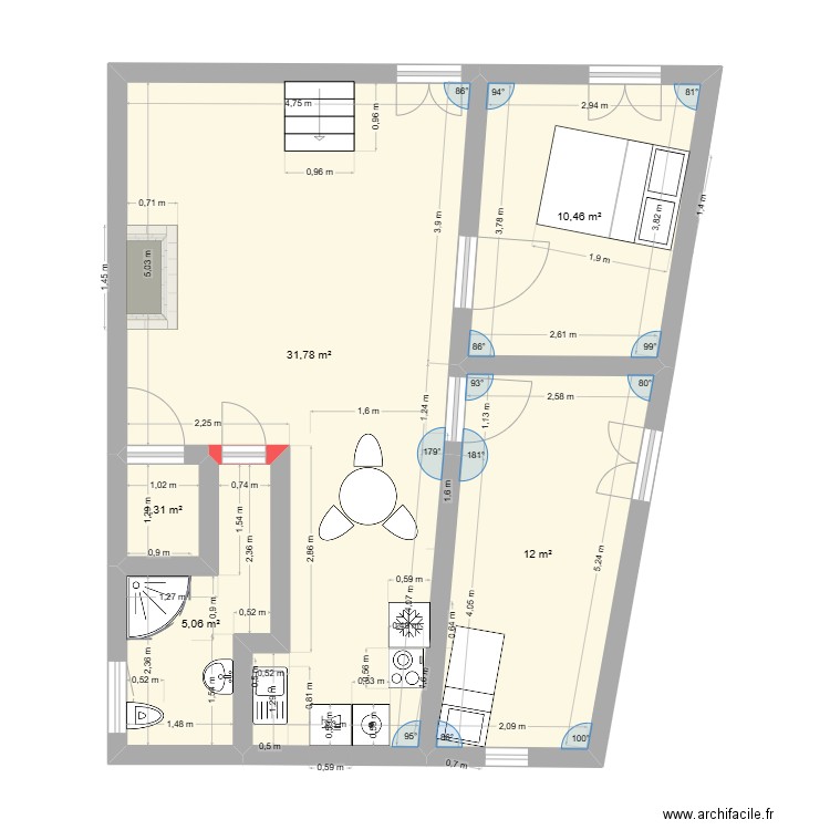 1er étage. Plan de 5 pièces et 61 m2