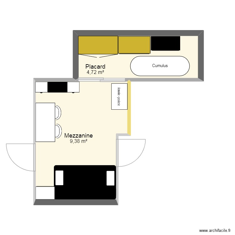 Mezzanine. Plan de 2 pièces et 14 m2