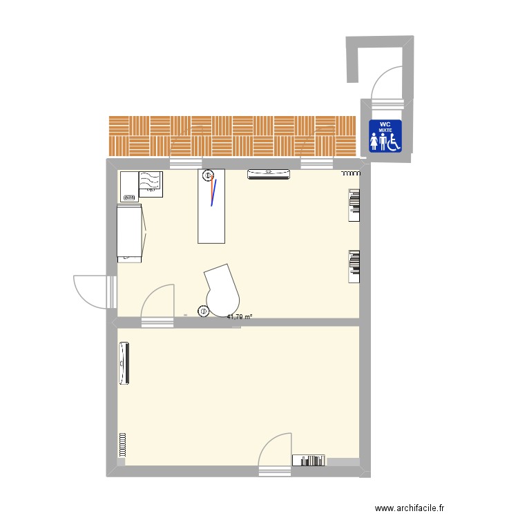 local. Plan de 1 pièce et 42 m2