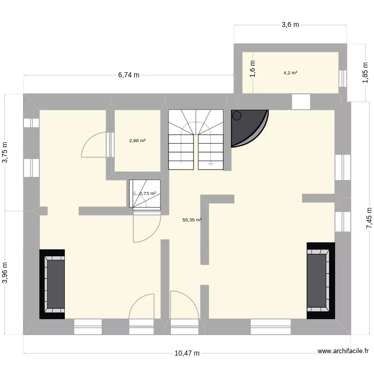 B&eacute;zi-maison-RDC-actuel. Plan de 4  et 63 m²