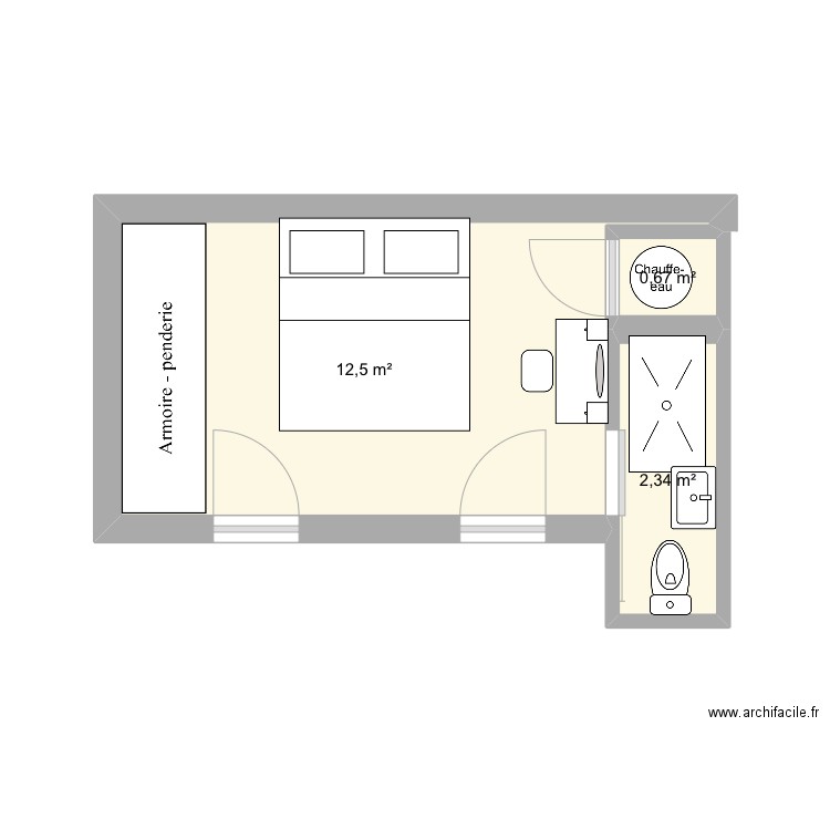 Chambre. Plan de 3 pièces et 16 m2