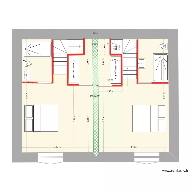 Plan &eacute;tage avec deux escaliers quart tournants lat&eacute;raux+dressing. Plan de 1 pièce et 56 m²