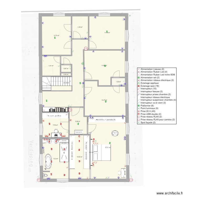 Chambre - plan technique. Plan de 15 pièces et 156 m2