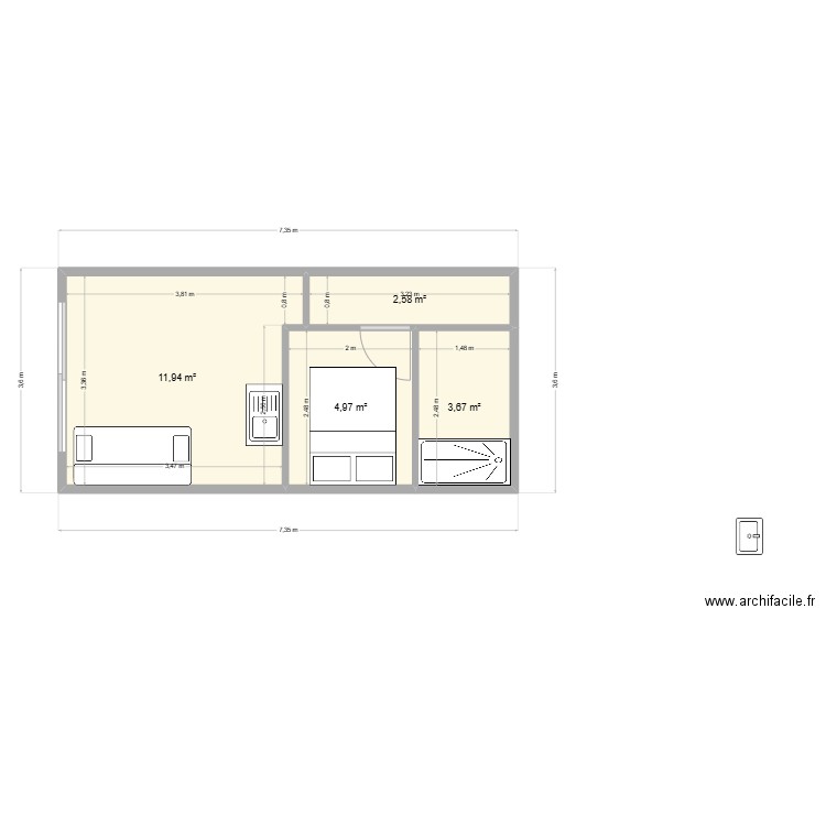 studio. Plan de 4 pièces et 23 m2