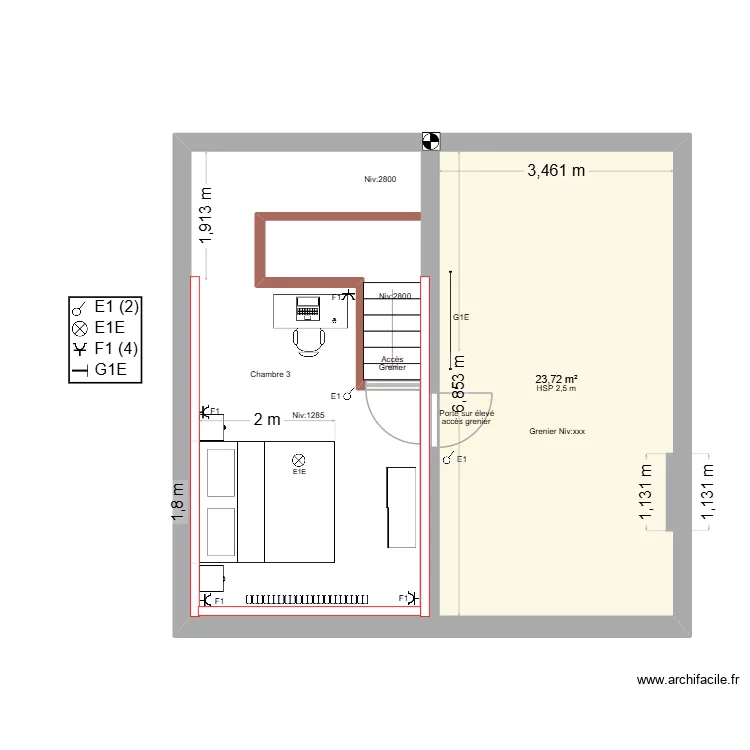 Lessines Chambre 3  +  Grenier. Plan de 1  et 24 m²