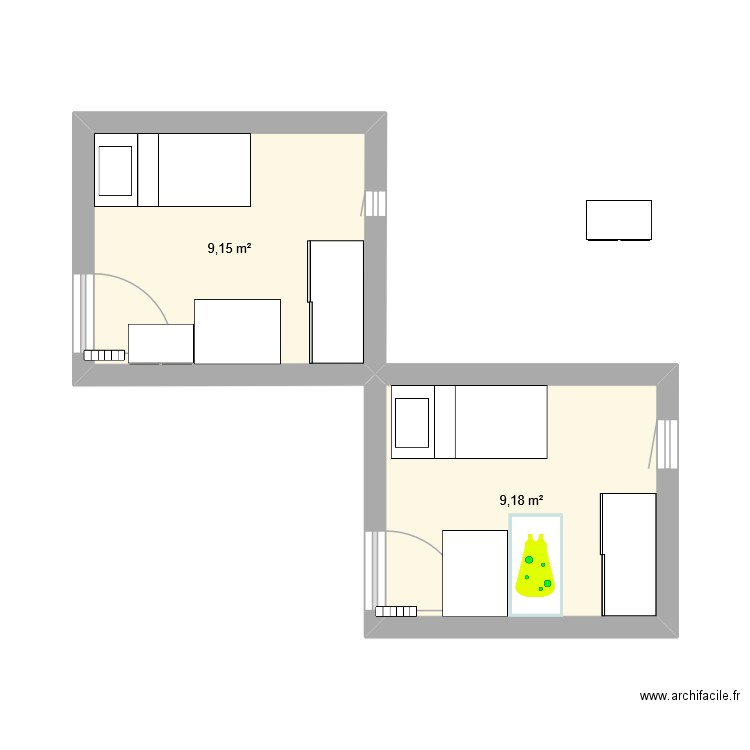 chambre enfants. Plan de 2 pièces et 18 m2