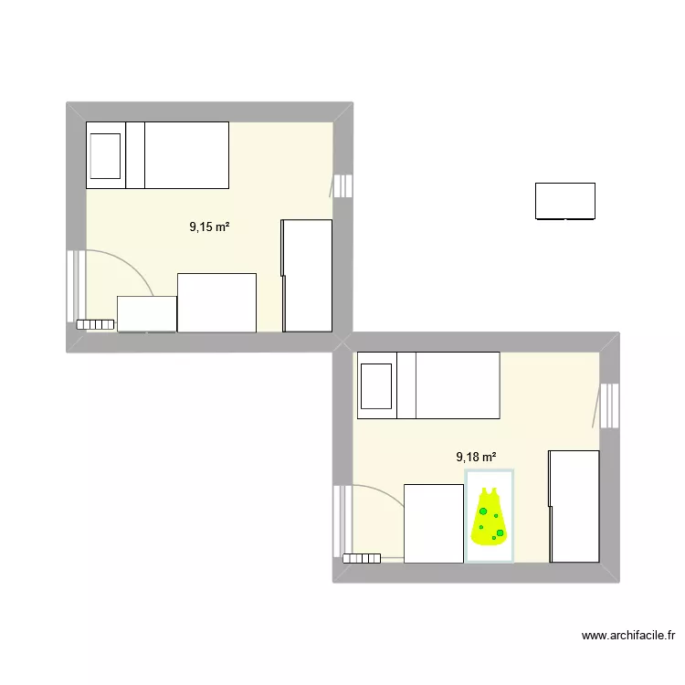 chambre enfants. Plan de 2 pièces et 18 m²