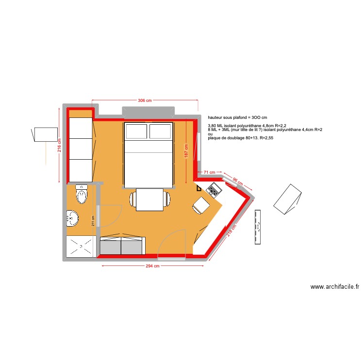 studio Flammarion avec isolation thermique. Plan de 3 pièces et 32 m2