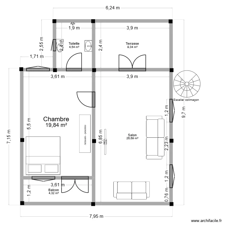 Plan haut. Plan de 5  et 65 m²