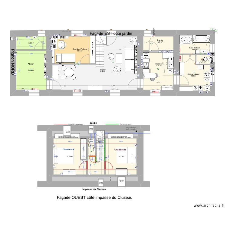 combles meublé. Plan de 19 pièces et 129 m2