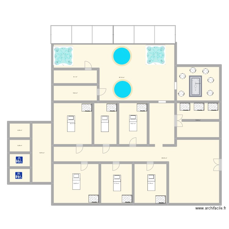 Spa. Plan de 16 pièces et 356 m2