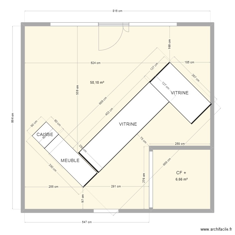 magasin juillan. Plan de 2 pièces et 65 m2