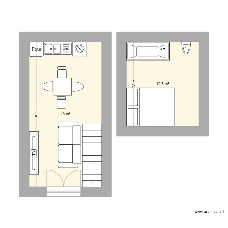 Mazet. Plan de 2 pièces et 29 m2
