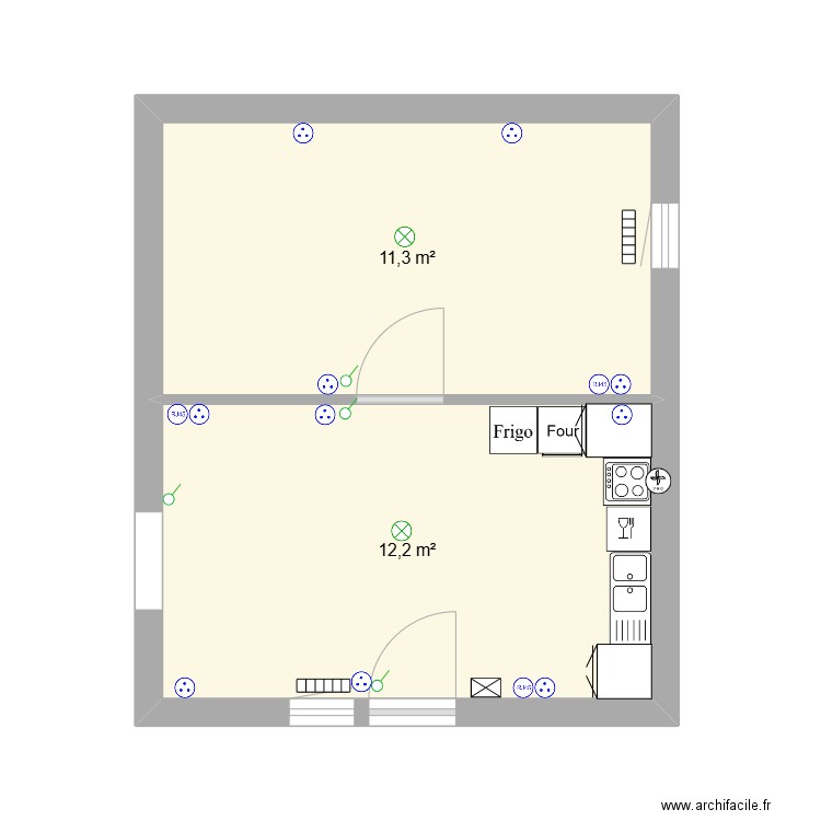 Cuis + ch 1. Plan de 2 pièces et 23 m2