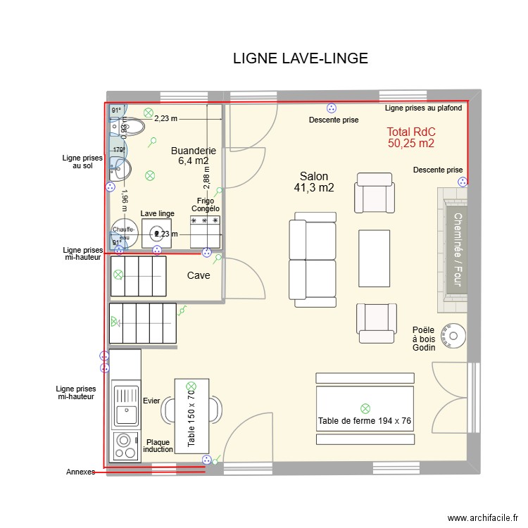 Electricité ligne lave-linge. Plan de 3 pièces et 50 m2
