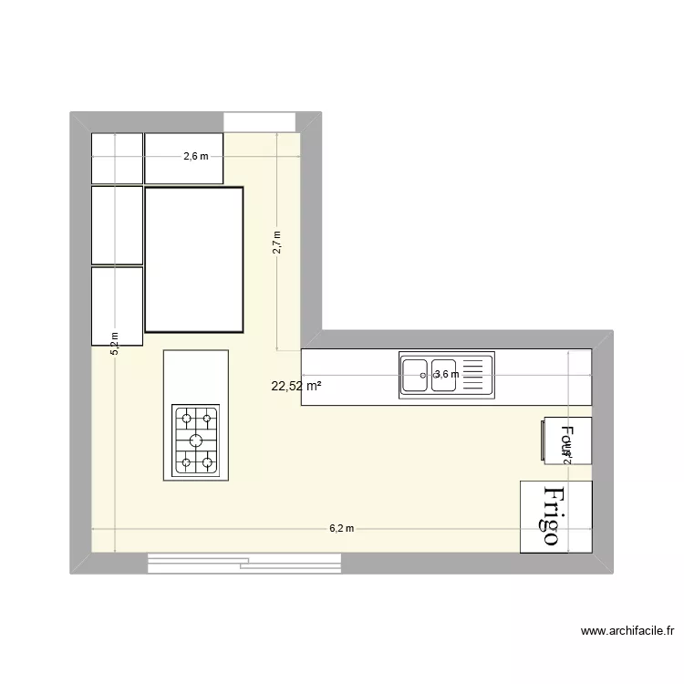 cuisine. Plan de 1  et 23 m²
