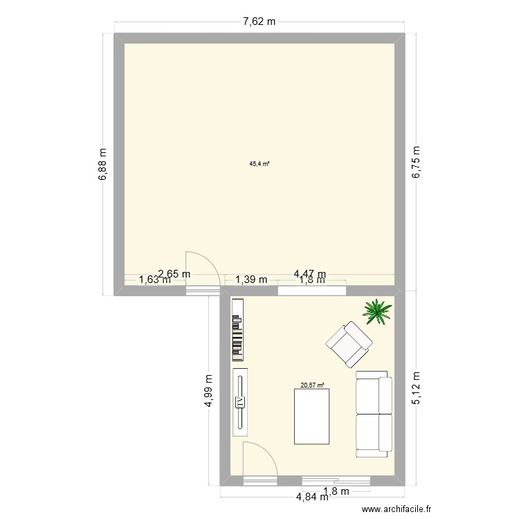 voisin. Plan de 2 pièces et 66 m2