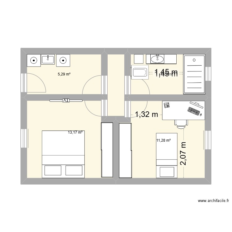 extension. Plan de 4 pièces et 35 m2
