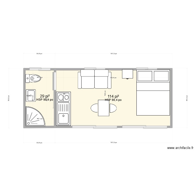 maison container. Plan de 2 pièces et 13 m2
