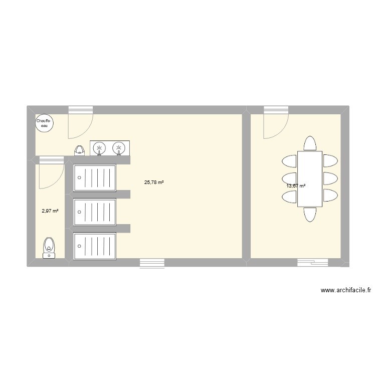 Version initiale. Plan de 3 pièces et 42 m2