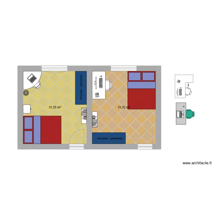 Roxane. Plan de 2  et 23 m²