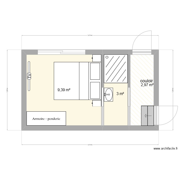 extension. Plan de 3 pièces et 15 m2