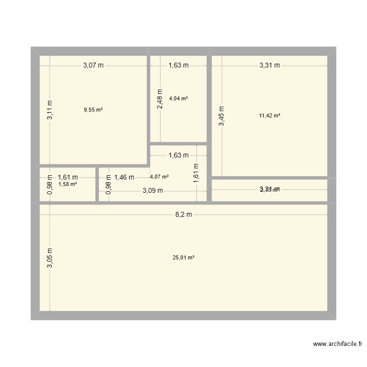 existant. Plan de 7 pièces et 58 m2