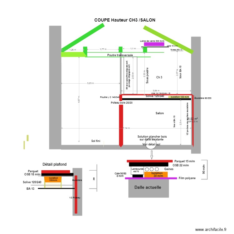 Coupe sur hauteur Ch 3 /Salon*. Plan de 3 pièces et 1 m2