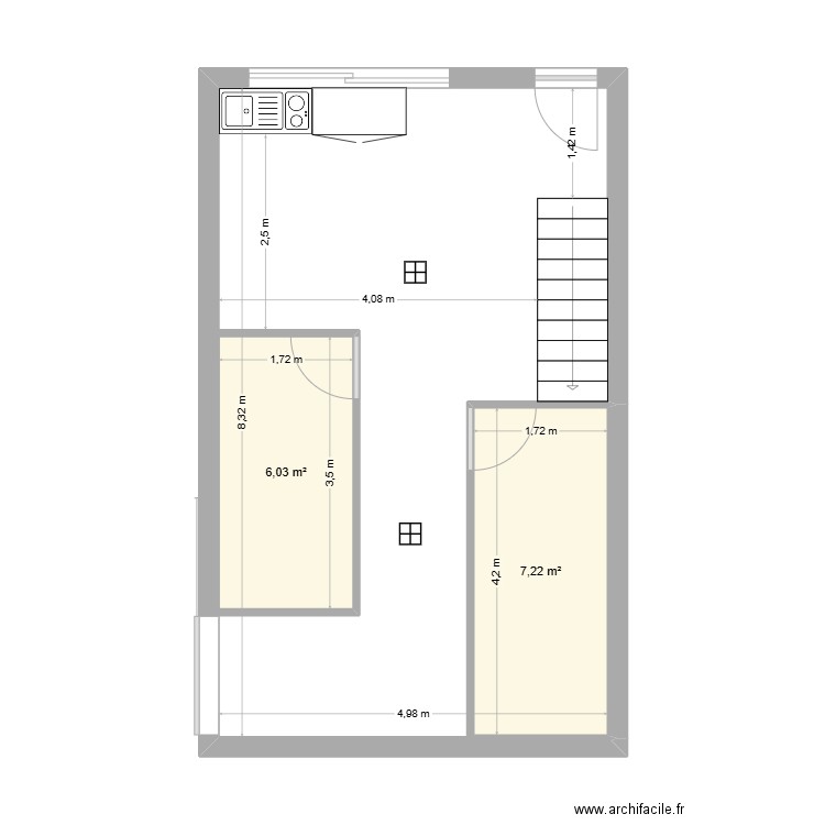 Bureau 2. Plan de 2 pièces et 13 m2