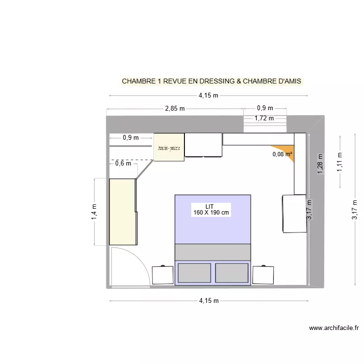 CHAMBRE 1 amenagee en  chambre d'amis et dressing REV 26 av25. Plan de 