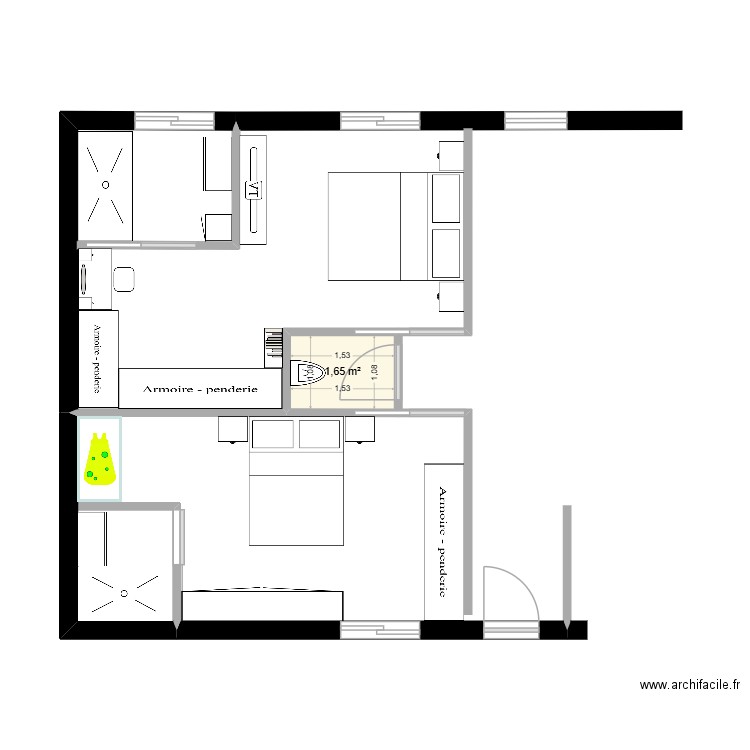 chambres. Plan de 1 pièce et 2 m2