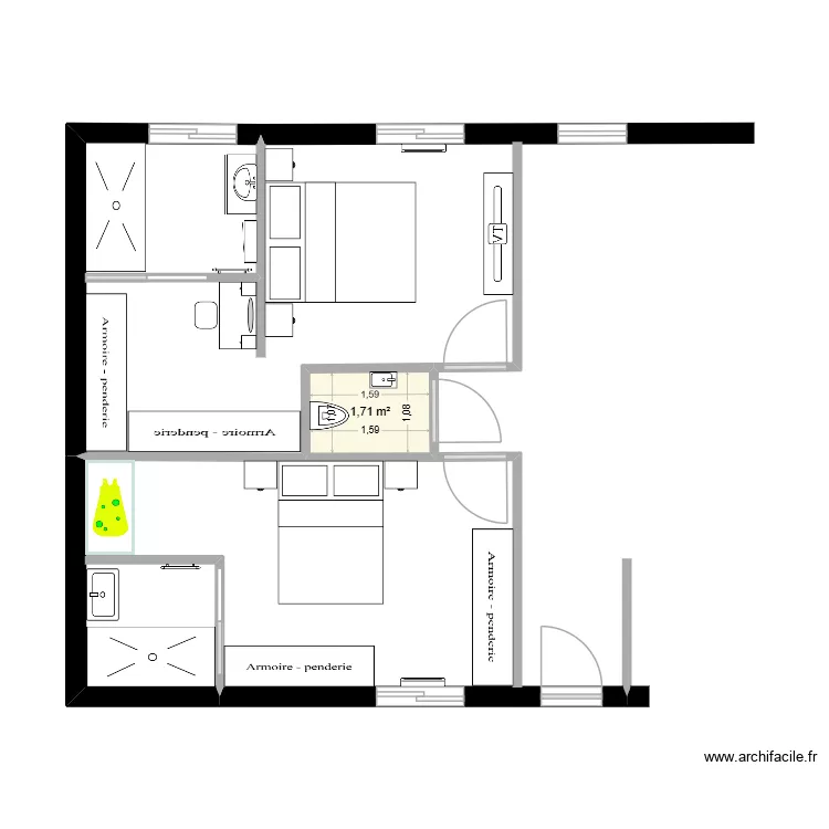 chambres. Plan de 1 pièce et 2 m²