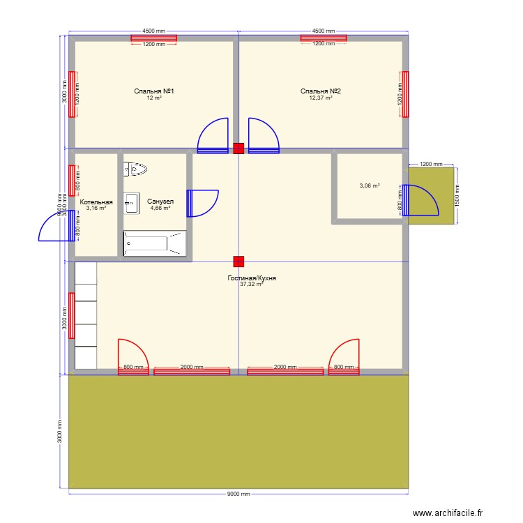 9 на 9 на. Plan de 8 pièces et 99 m2