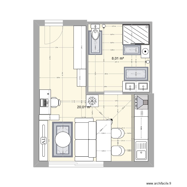 appart. Plan de 2 pièces et 28 m2