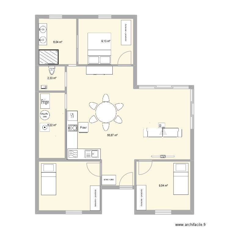 MAISON EN L 3 CHB. Plan de 6 pièces et 84 m2
