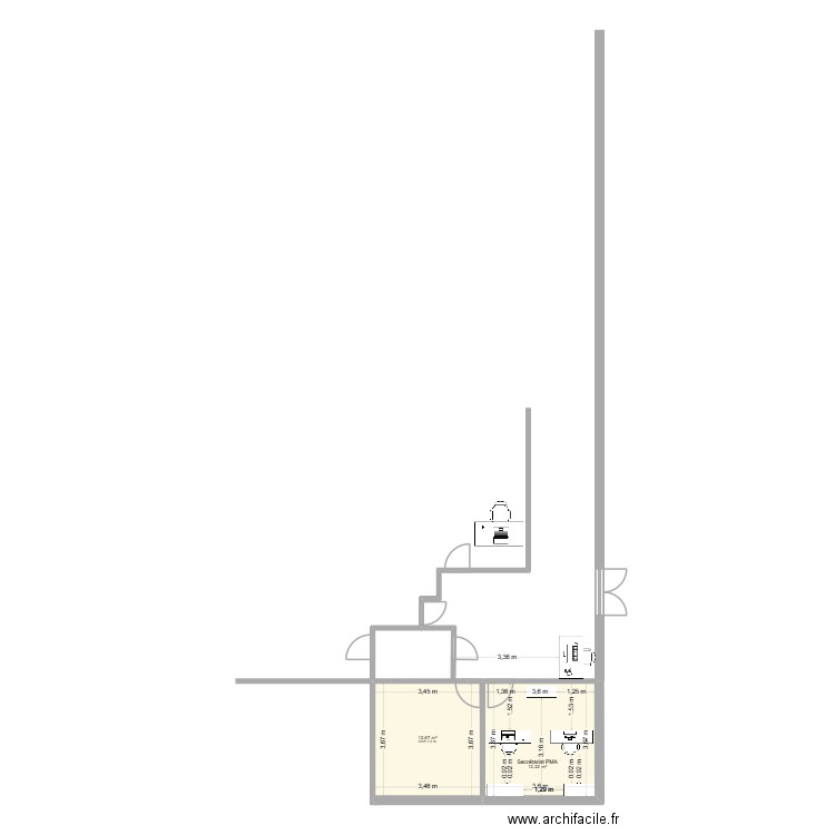 Secrétariat après travaux. Plan de 2 pièces et 26 m2