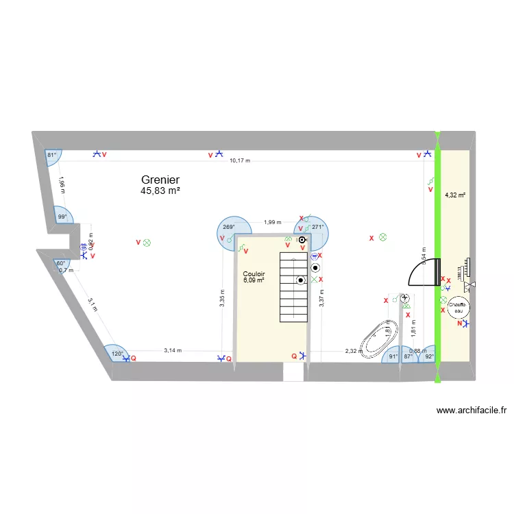 GRENIER ISOLE Base. Plan de 3  et 56 m²