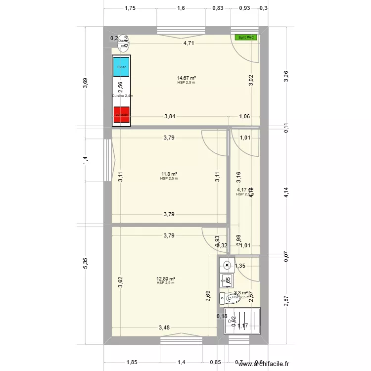 St Lys T2 1er. Plan de 5 Pièces et 47 m²