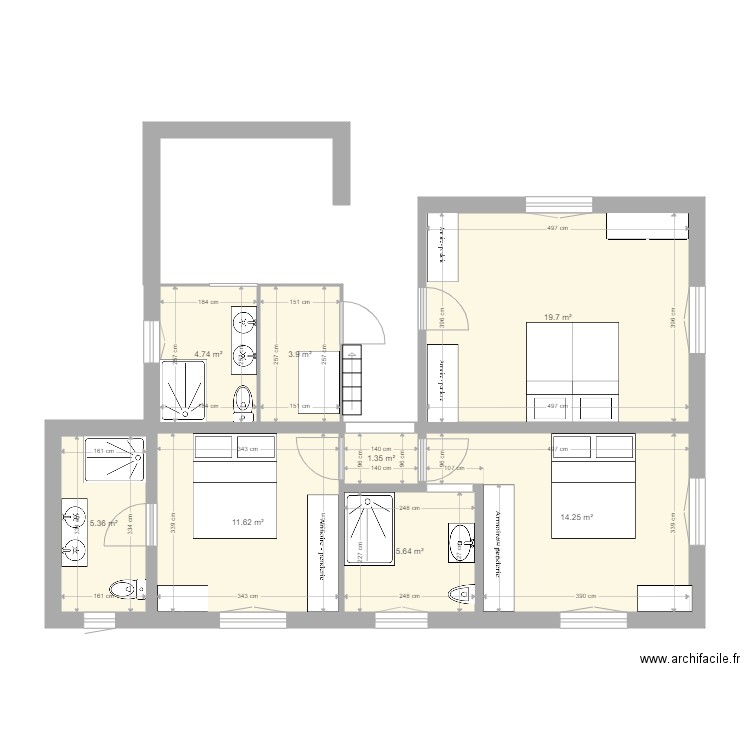 PROJET MAISON 3. Plan de 8 pièces et 67 m2