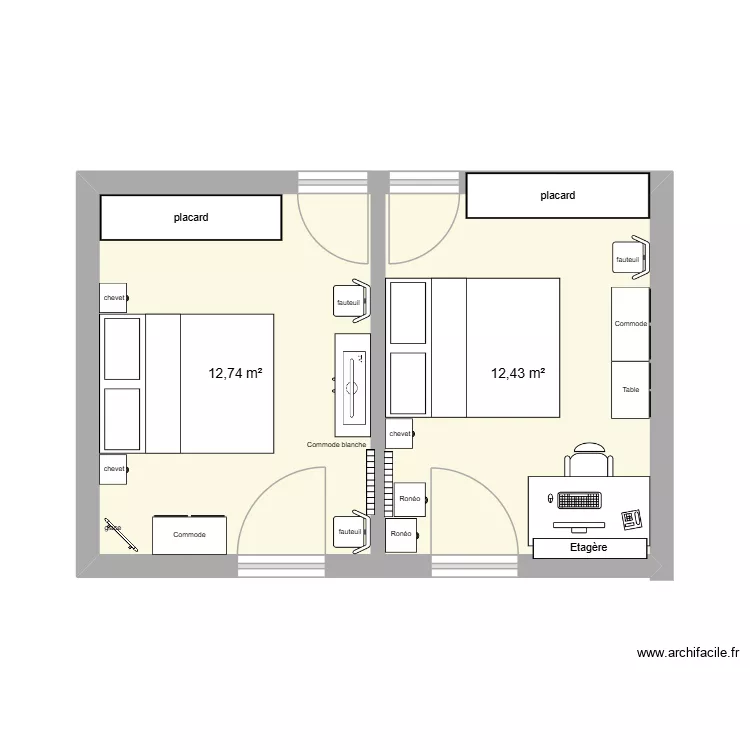 les 2 chambres. Plan de 2  et 25 m²