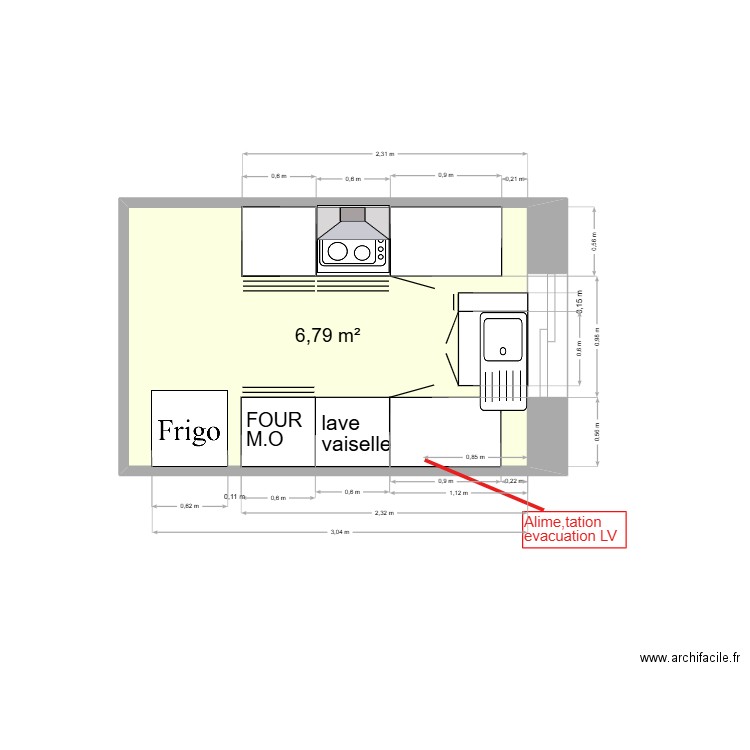 cuisine. Plan de 1 pièce et 7 m2