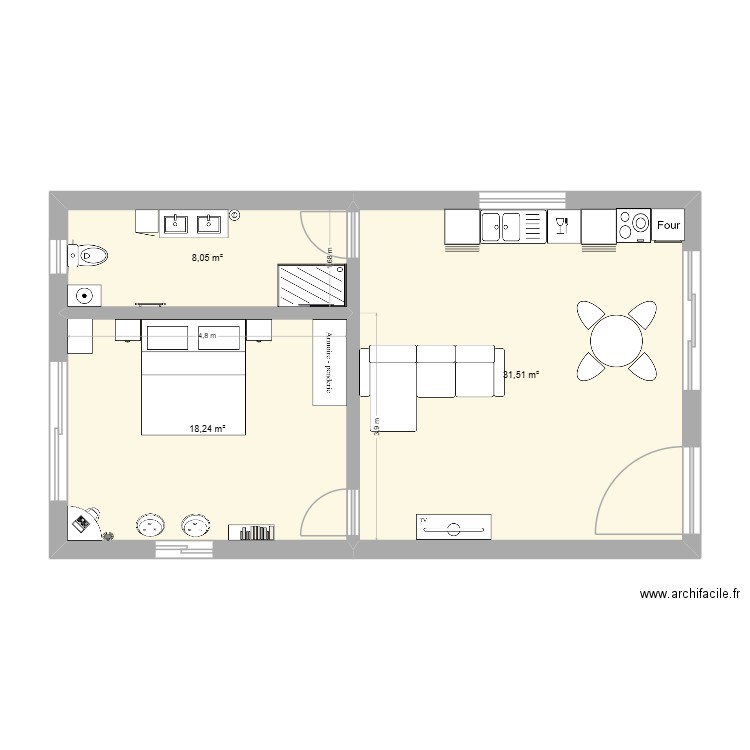 découverte du logiciel - aménagement des espaces. Plan de 3 pièces et 58 m2