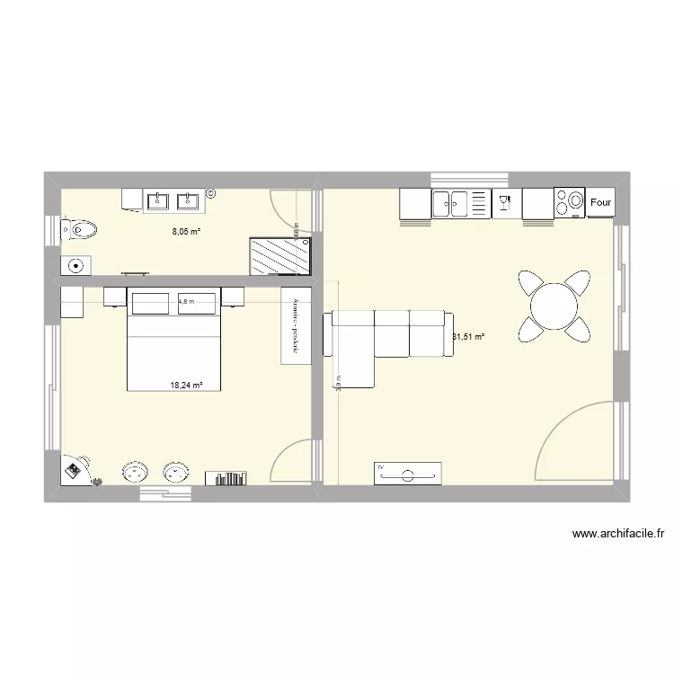d&eacute;couverte du logiciel - am&eacute;nagement des espaces. Plan de 3 pièces et 58 m²